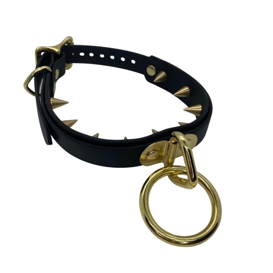 Vegan Bondage Collar with Inner Spikes - Brass Hardware