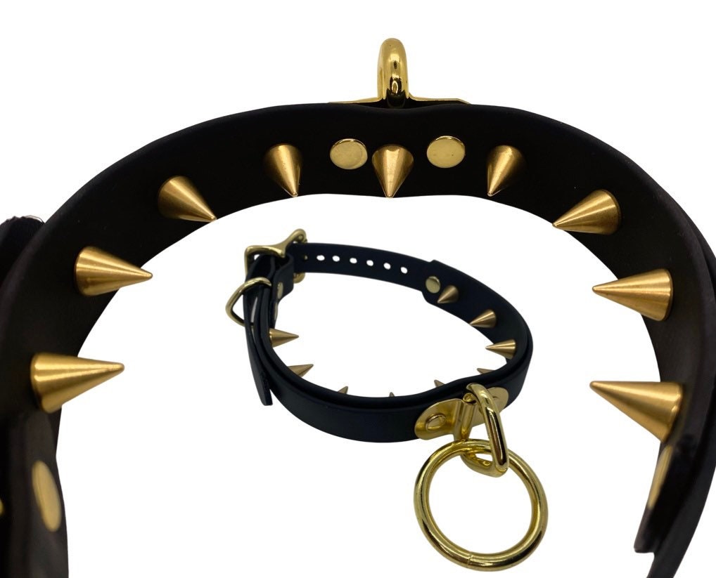Vegan Bondage Collar with Inner Spikes - Brass Hardware