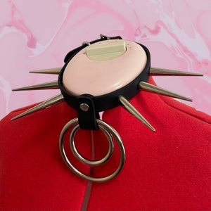 Vegan Bondage Collar with Long Spikes and Two Hanging O-Rings