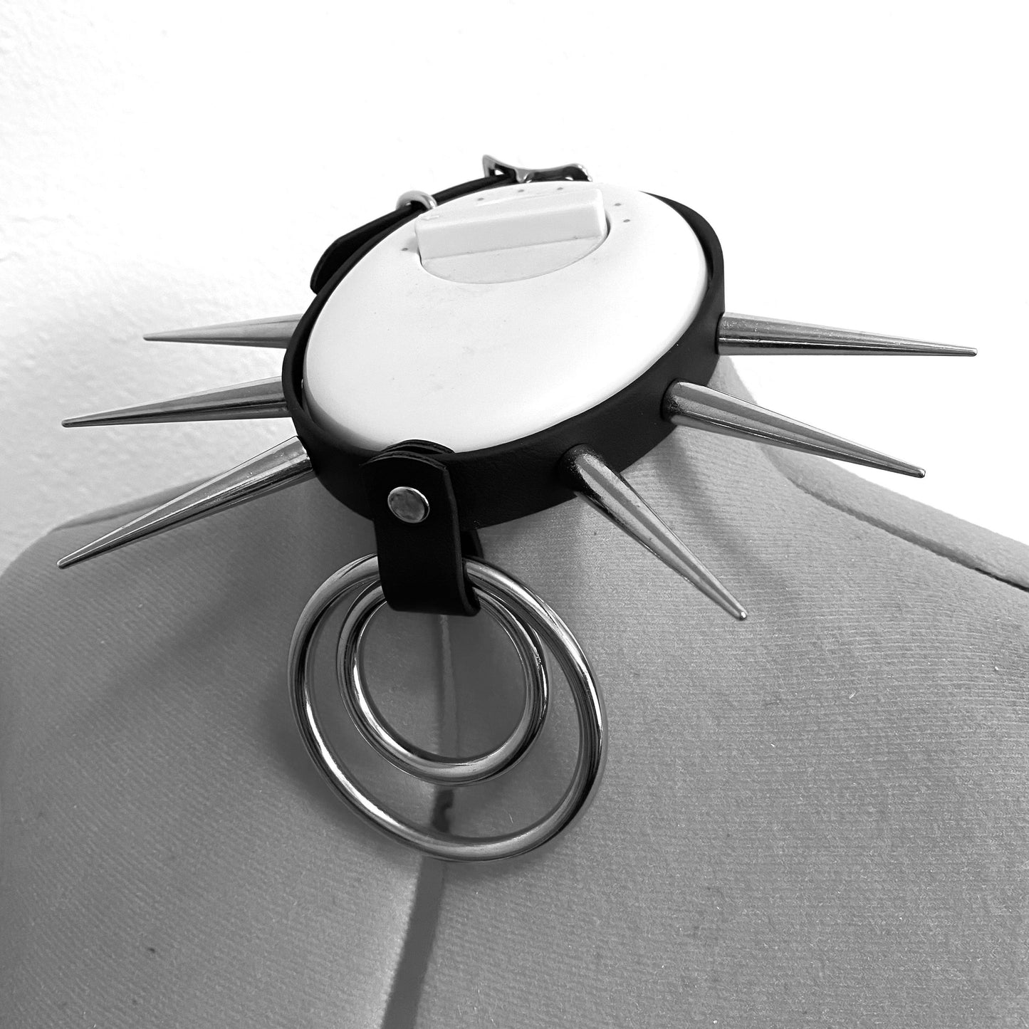 Vegan Bondage Collar with Long Spikes and Two Hanging O-Rings